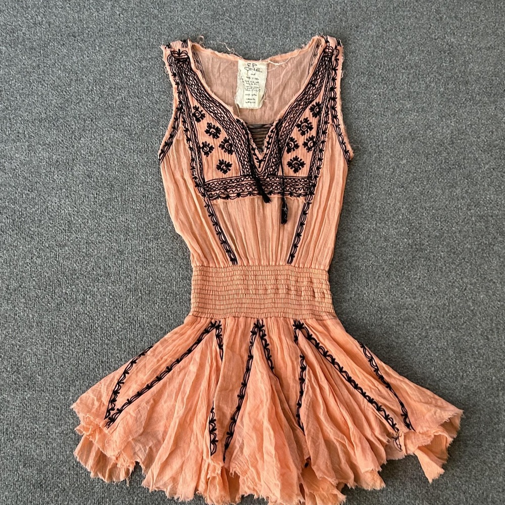 FP One Dress Women Small Pink Embroidered Smocked Mini Boho Festival Cotton